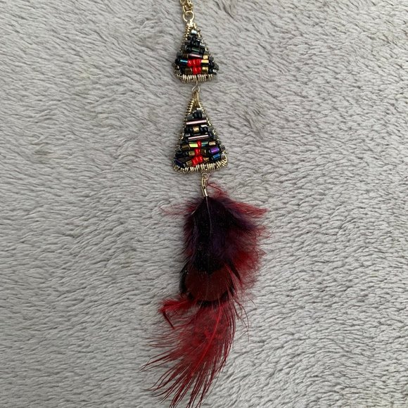 Express Layered Golden-Toned Beaded Triangles and Feather Necklace - Picture 10 of 15